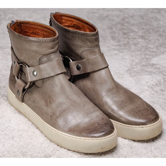 Frye Lena Gray Leather Harness Sneaker Booties Womens Size 8.5 - Picture 1 of 15